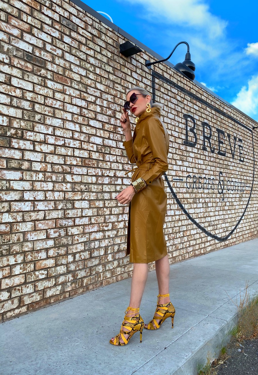 Lifestyle Influencer, Jamie Lewinger of More Than Turquoise, wearing SheIn PU leather overlap belted coat