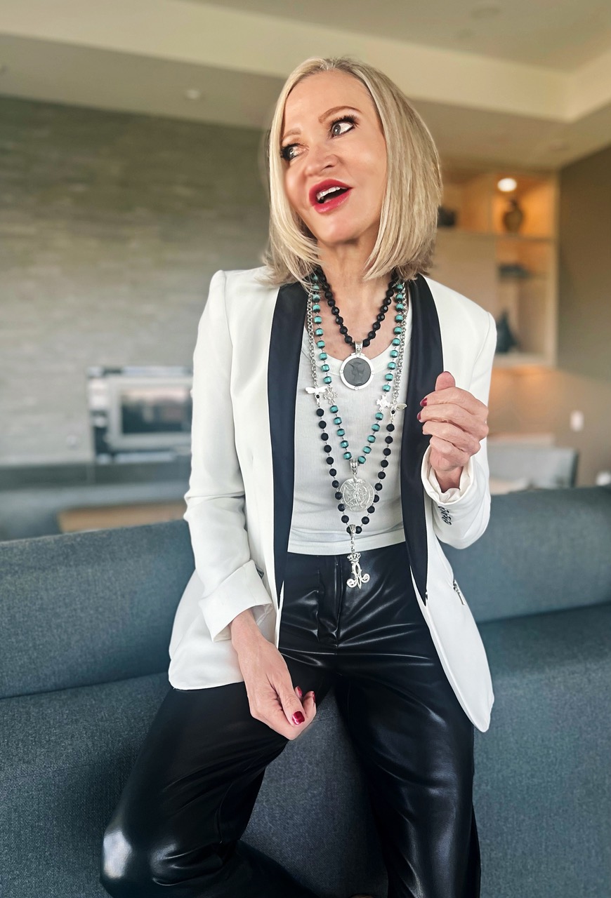 Lifestyle Influencer, Jamie Lewinger of More Than Turquoise wearing Wild Belle II stack up  necklaces from French Kande 