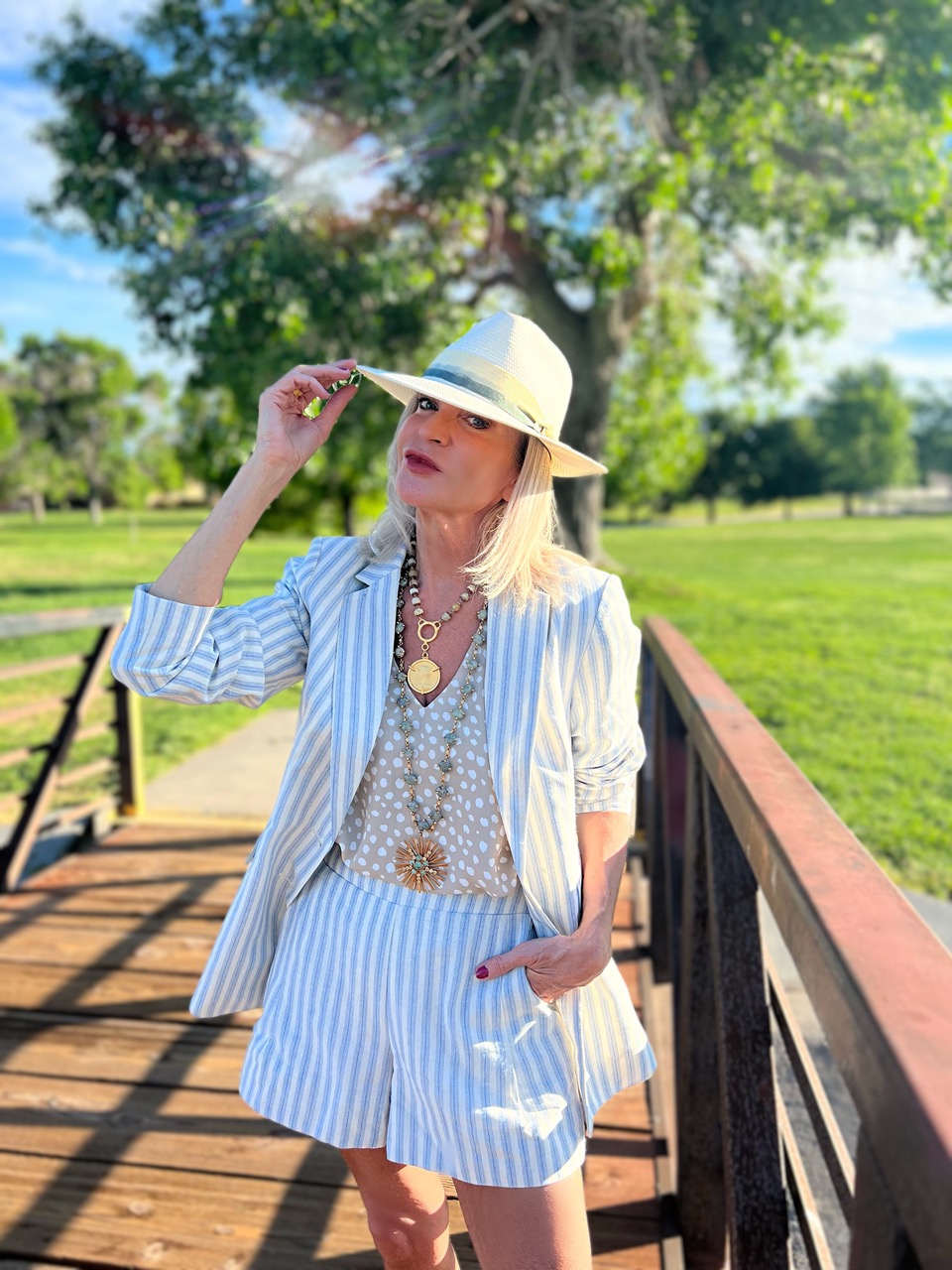 Lifestyle Influencer, Jamie Lewinger of More Than Turquoise wearing Gibsonlook pinstripe suit set