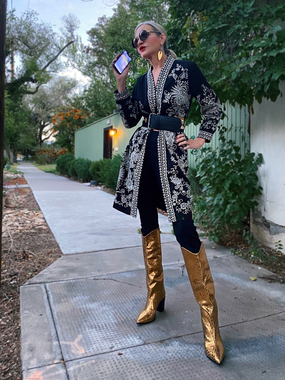 Lifestyle Influencer, Jamie Lewinger of More Than Turquoise wearing gold Analeah SCHUTZ boots 