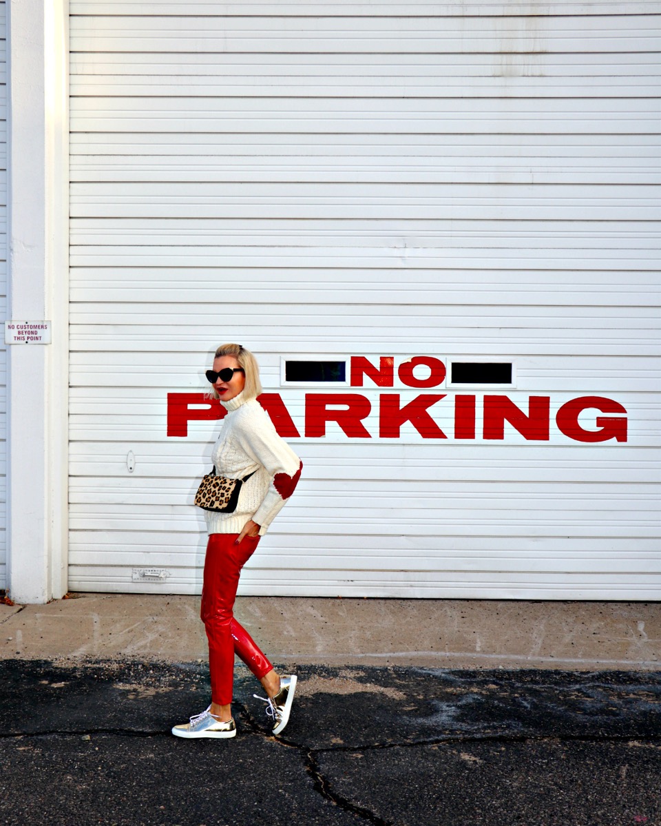 Lifestyle Blogger, Jamie Lewinger of More Than Turquoise, wearing red patent leather pants