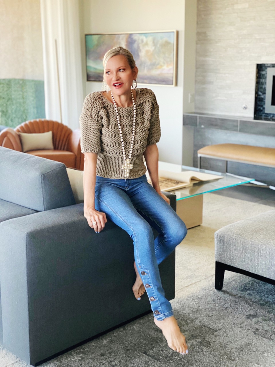 Lifestyle Influencer, Jamie Lewinger of More Than Turquoise in Julie Miles pearl cross necklace