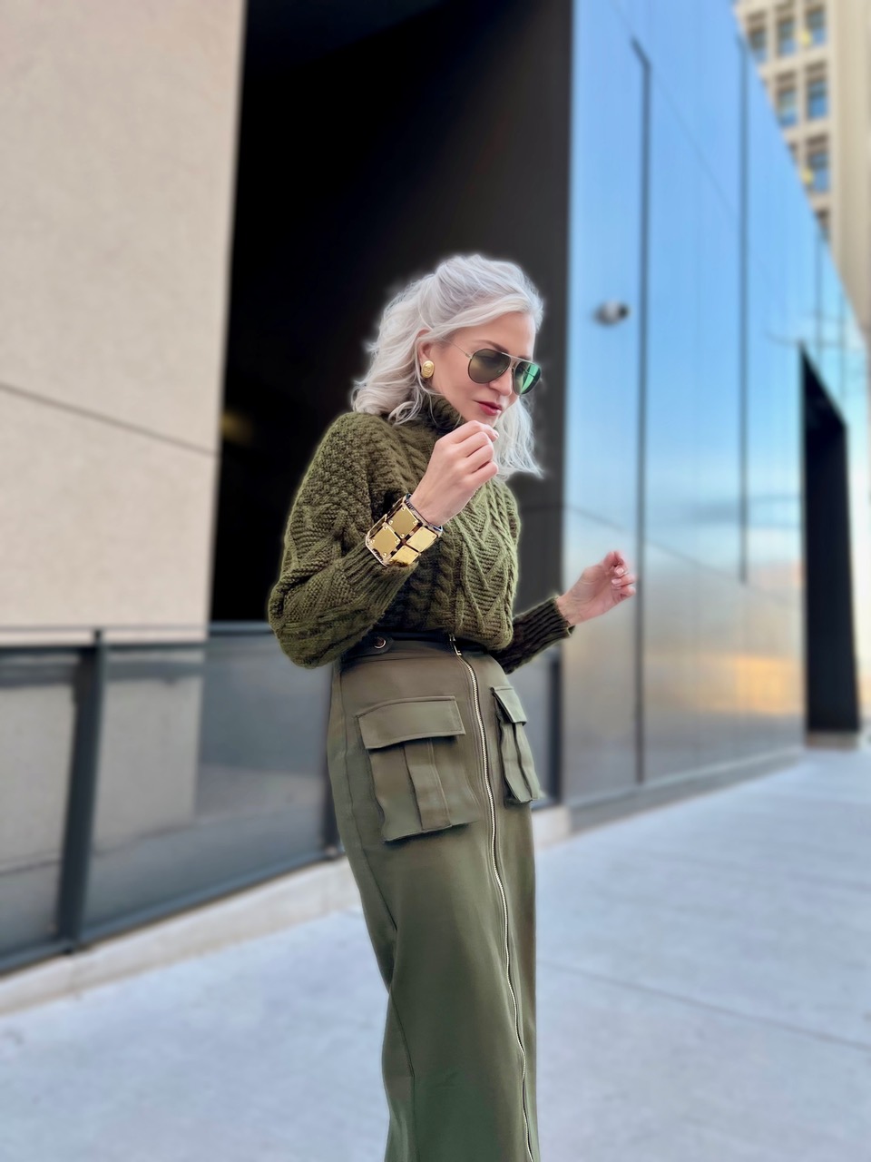 Lifestyle Influencer, Jamie Lewinger of More Than Turquoise wearing Ponte Hardware Midi Skirt  from Karen Millen  in khaki 