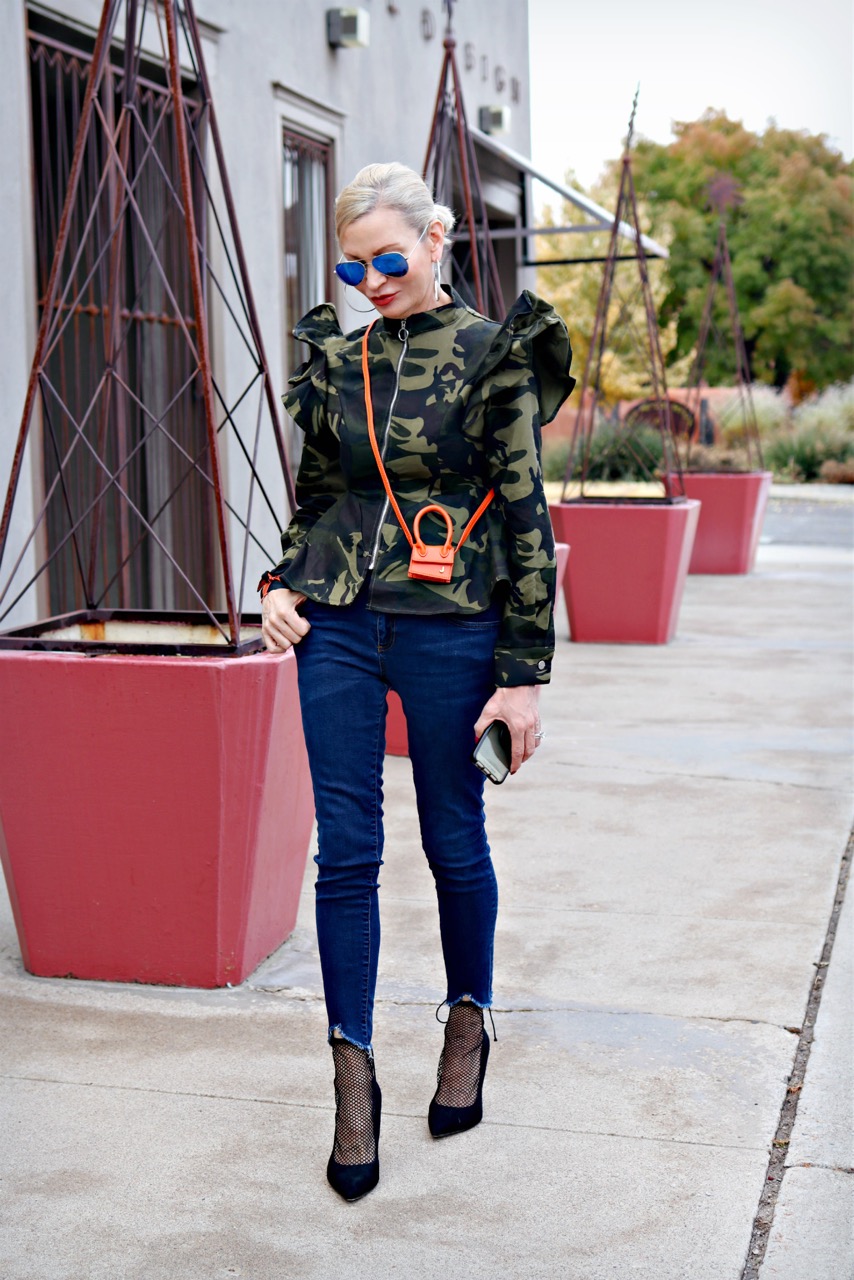 style Influencer, Jamie Lewinger of More Than Turquoise , wearing SheIn camo peplum coat