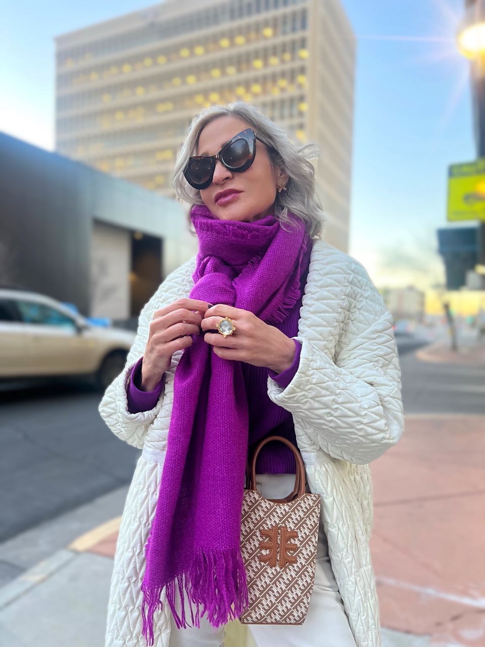 Lifestyle Influencer, Jamie Lewinger of More Than Turquoise wearing Magenta scarf 