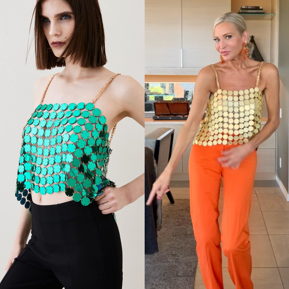 Lifestyle Influencer, Jamie Lewinger of More Than Turquoise wearing mirrored disc cropped top from Karen Millen  in Gold 