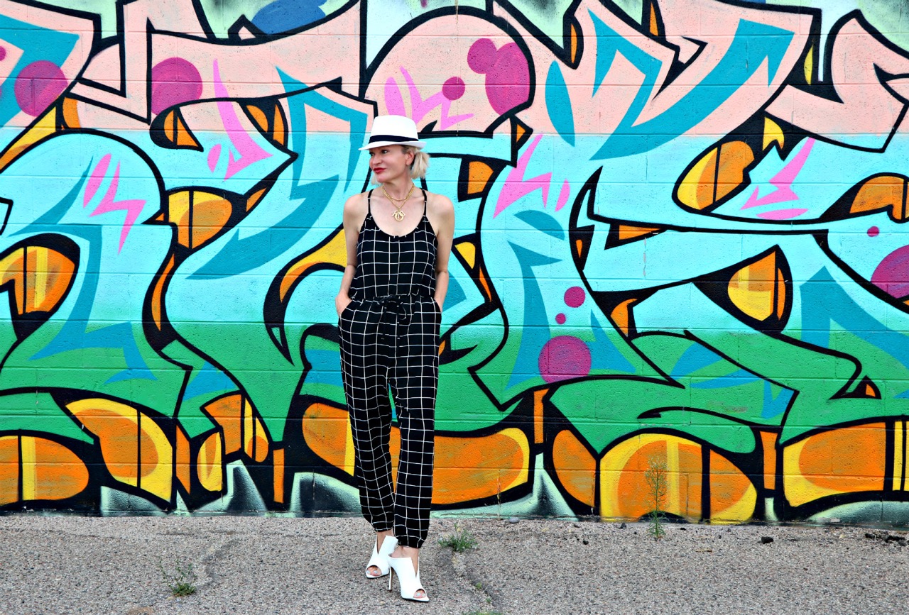 Lifestyle Blogger, Jamie Lewinger of More Than Turquoise, wearing halter neck plaid leg jumpsuit from Shein