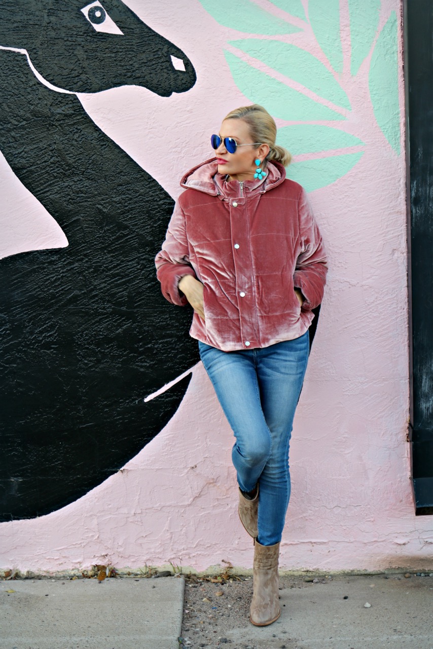 style Influencer, Jamie Lewinger of More Than Turquoise , wearing pink velvet puffer jacket from SheIn