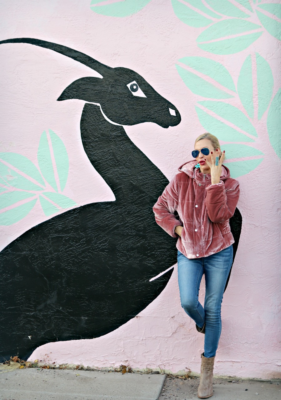 Lifestyle Blogger, Jamie Lewinger of More Than Turquoise, wearing pink velvet puffer jacket from SheIn