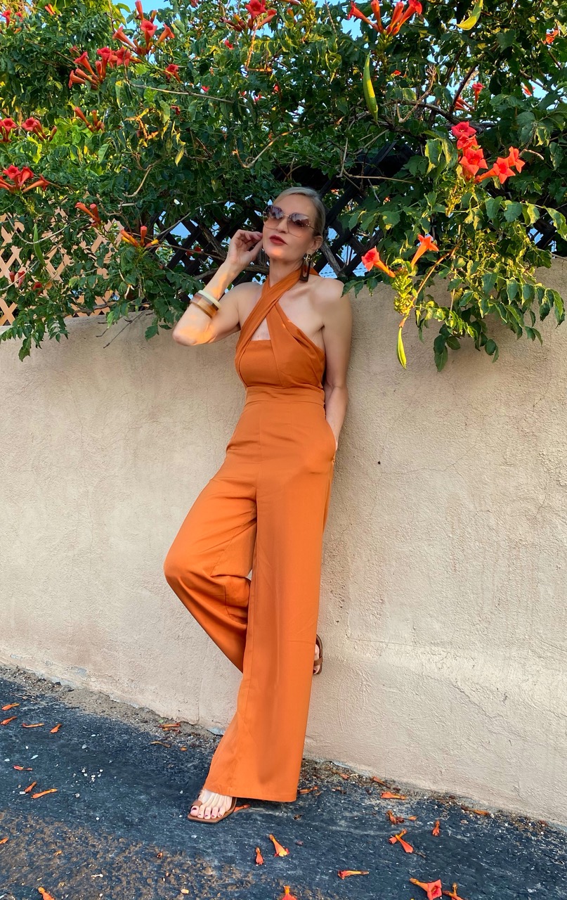 Lifestyle Influencer, Jamie Lewinger of More Than Turquoise wearing Shein halter jumpsuit