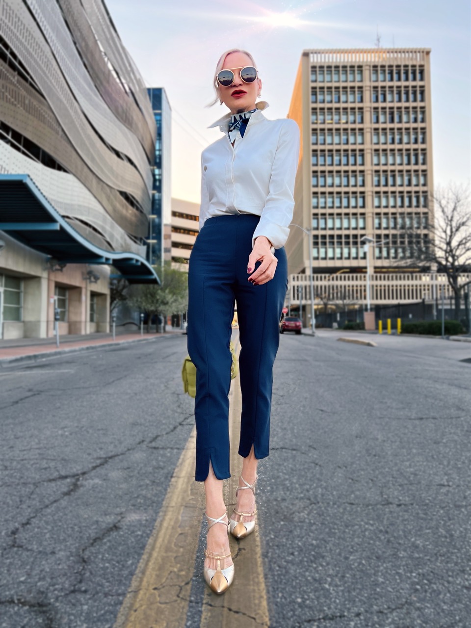Lifestyle Influencer Jamie Lewinger of More Than Turquoise wearing Farinaz Attitude blouse in nude
