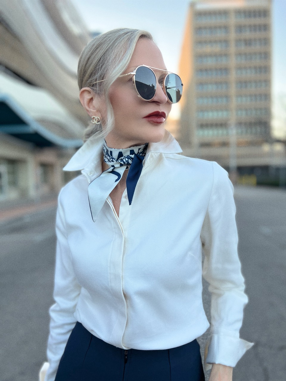 Farinaz Attitude blouse in Nude worn by Lifestyle Influencer,  Jamie Lewinger of More Than Turquoise 