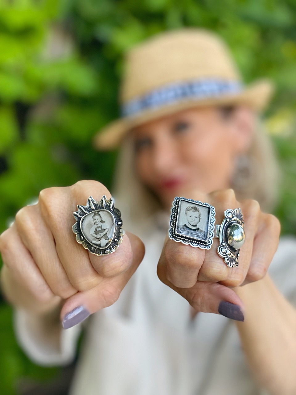 Lifestyle Influencer, Jamie Lewinger of More Than Turquoise, wearing custom rings from Shoofly 505 jewelry