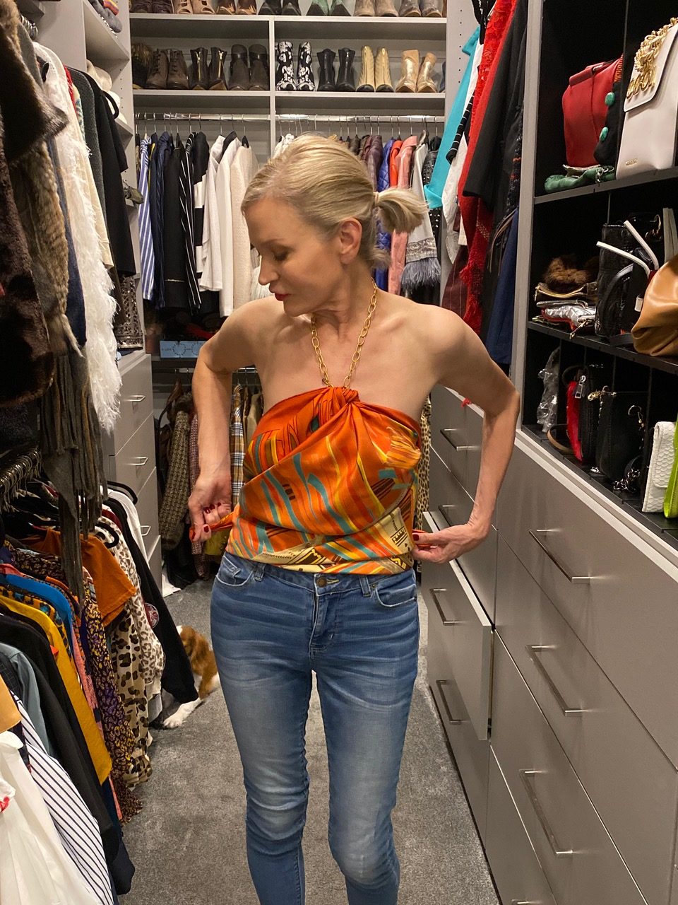 Lifestyle Influencer, Jamie Lewinger of More Than Turquoise, styling a Hermes scarf as a top