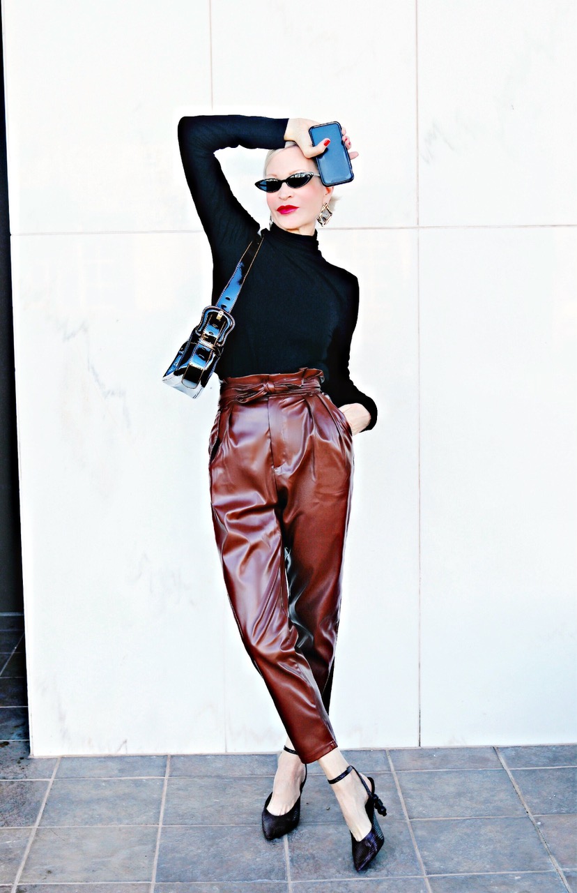 Lifestyle Blogger, Jamie Lewinger of More Than Turquoise, wearing SheIn paperbag waist belted PU pants