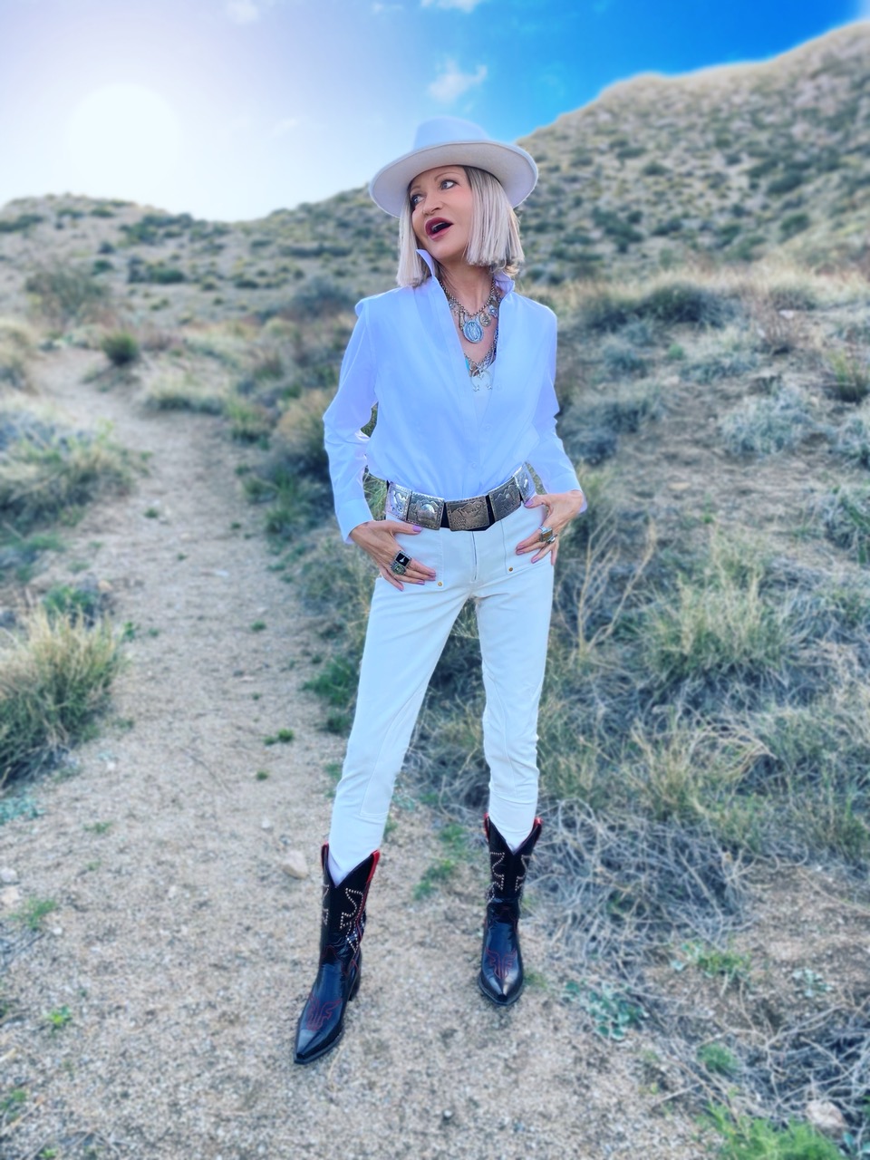 Lifestyle Influencer, Jamie Lewinger of More Than Turquoise, wearing Shoofly 505 southwestern storyteller necklaces 