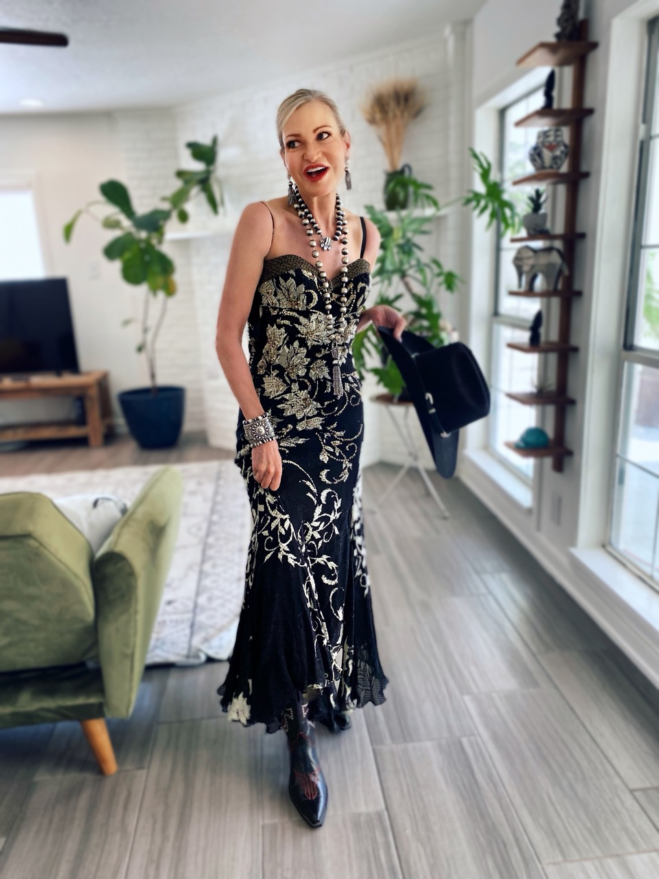 Lifestyle Influencer, Jamie Lewinger of More Than Turquoise, wearing Shoofly 505 Southwestern jewelry 