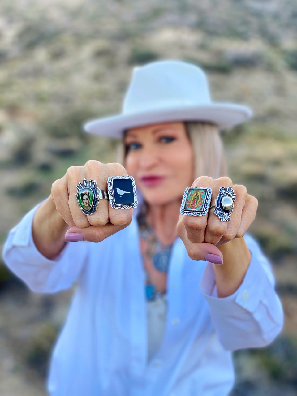 Lifestyle Influencer, Jamie Lewinger of More Than Turquoise, wearing Shoofly 505 southwestern rings
