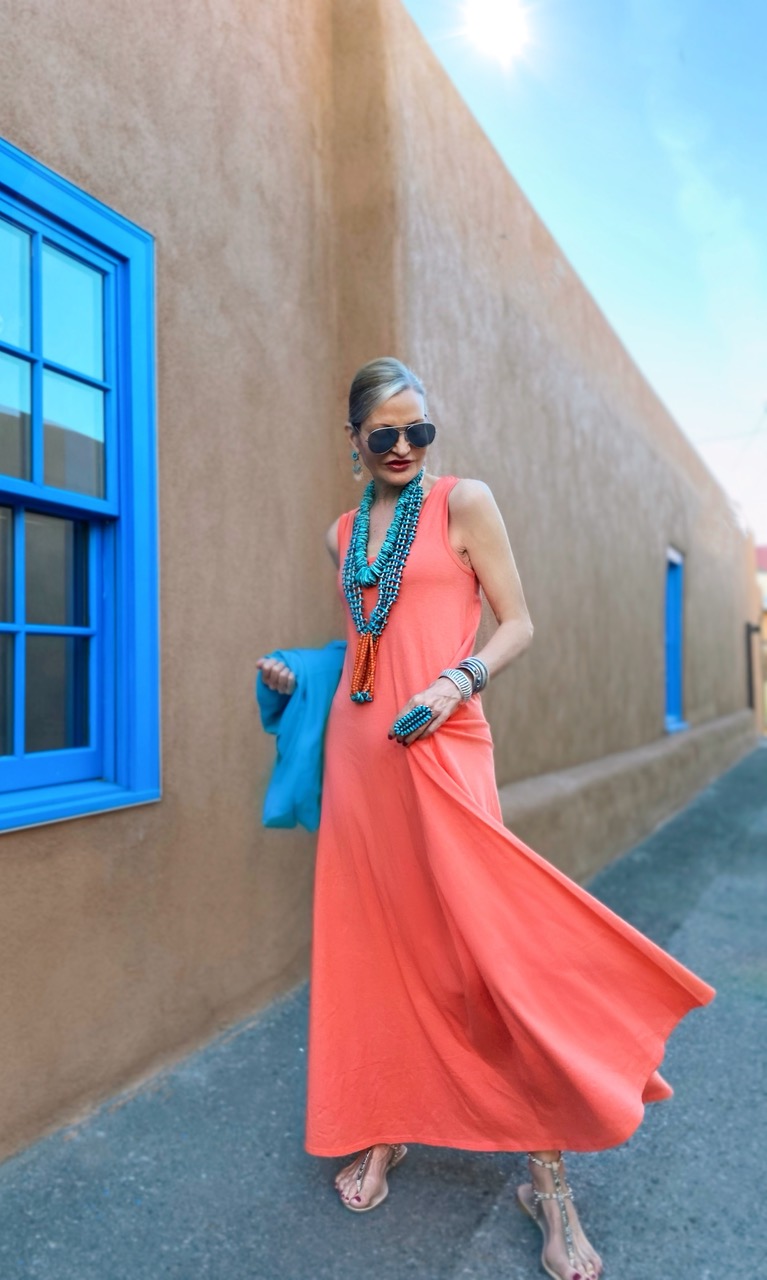 Lifestyle Influencer, Jamie Lewinger of More Than Turquoise, wearing Soft Surroundings Santiago Dress