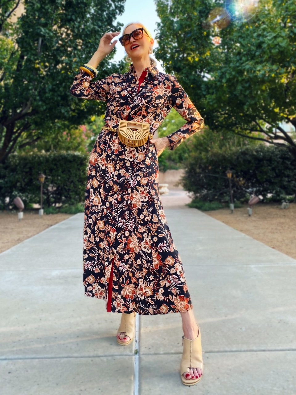 Lifestyle Influencer, Jamie Lewinger of More Than Turquoise, wearing floral maxi dress from Chico's 