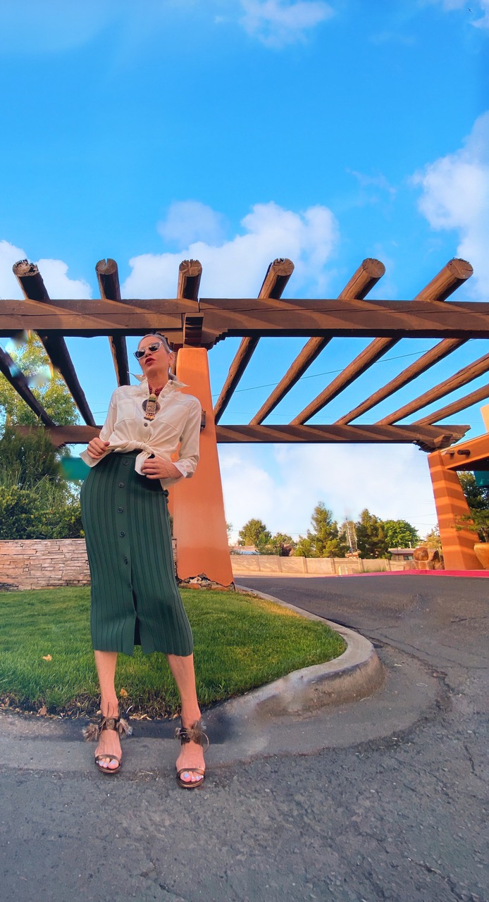Lifestyle Influencer,Jamie Lewinger of More Than Turquoise in Worth New York blouse and skirt