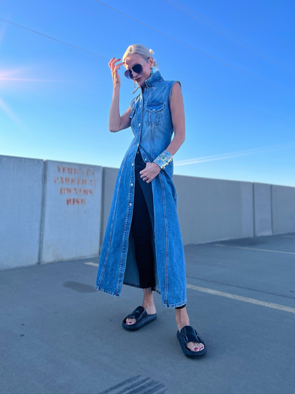 Style  Influencer, Jamie Lewinger of More Than Turquoise wearing Zara denim TRF dress as a vest 